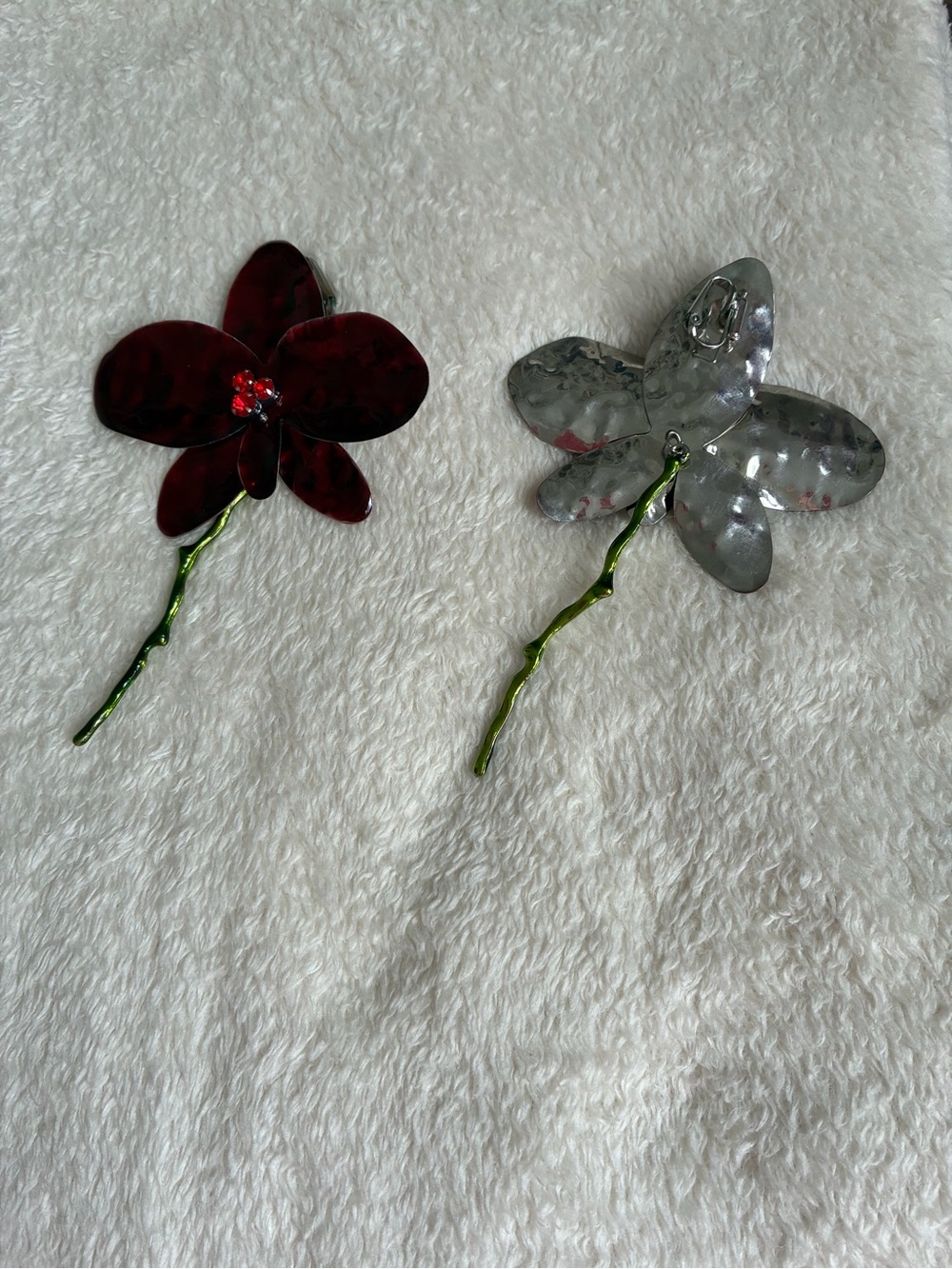 Decorative Red and Silver Orchid Earrings